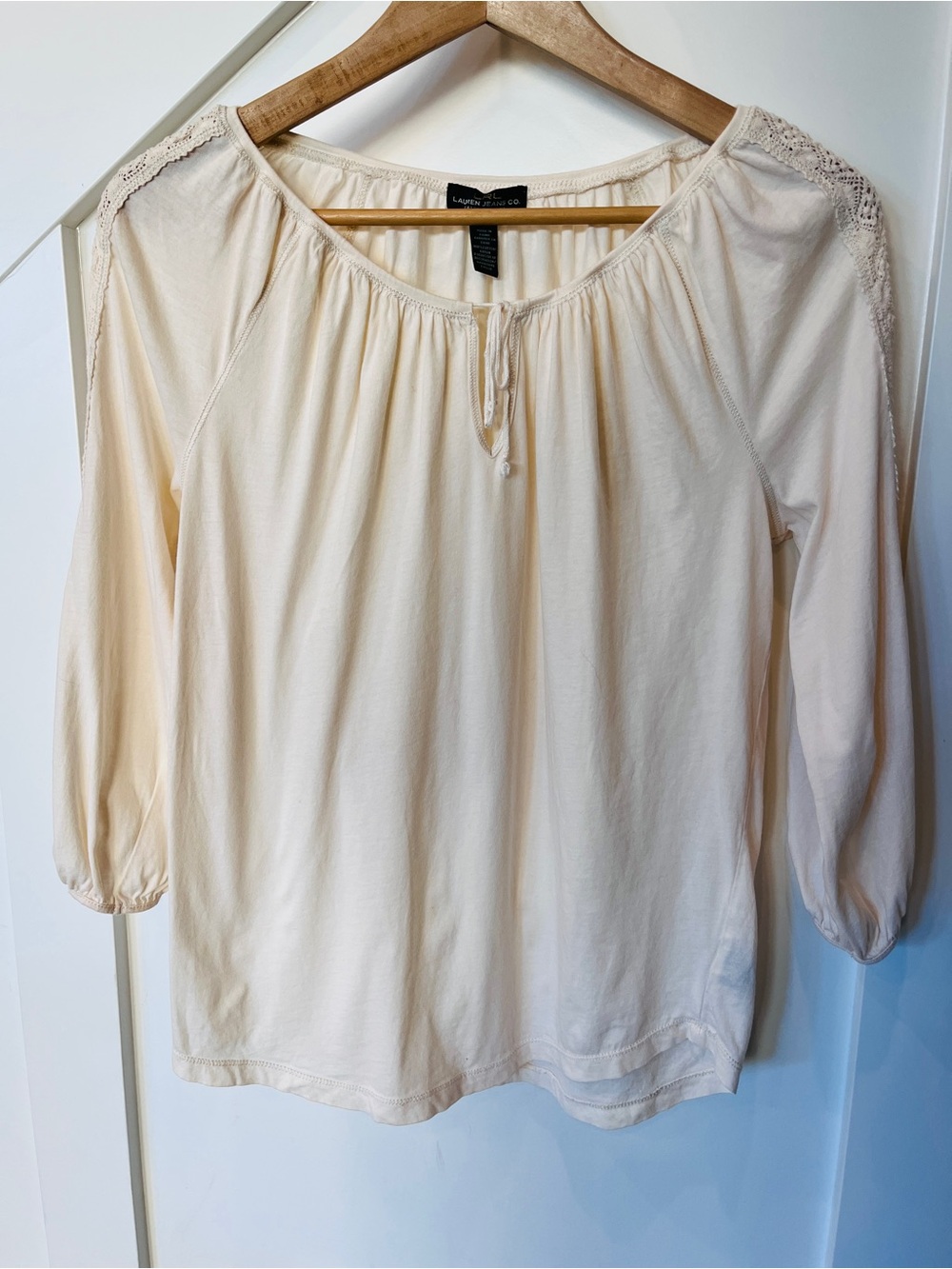 Lauren Jeans Co. 100% Cotton Cream Lace Sleeve Peasant Top Size S